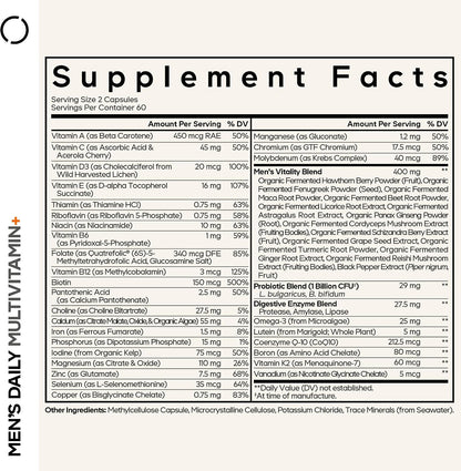 Codeage Men's Daily Multivitamin – 25+ Essential Vitamins & Minerals, Organic Whole Foods, Probiotics, Omega-3, Zinc, Vitamins A, B, C, D, E & K – 120 Capsules