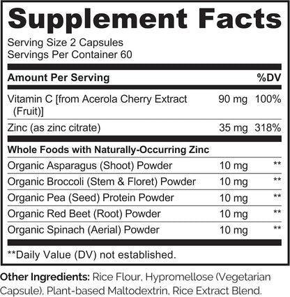 NATURELO Vegan Zinc Immune Support Capsules - Whole Food Complex with Vitamin C for Healthy Skin, Hair and Nails