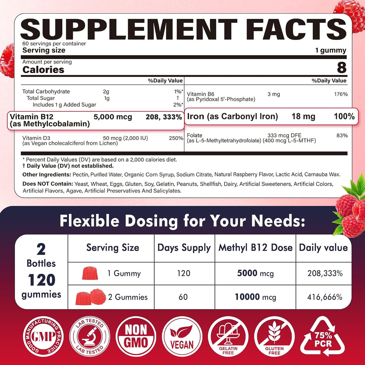 Methylated B12 Gummies 5000mcg - L-Methylfolate, Iron, B6, D3 - 2 Pack - görsel 2