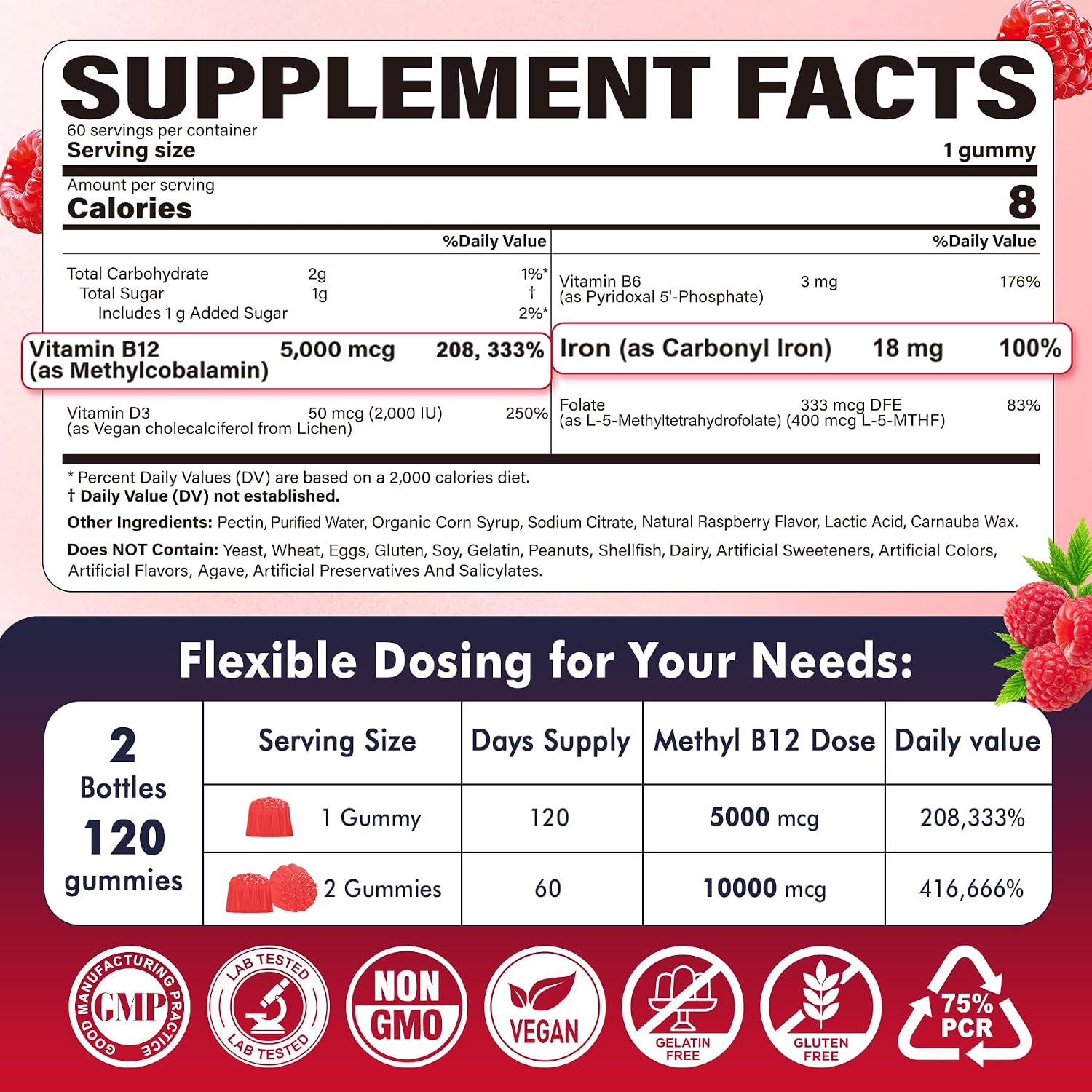 Methylated B12 Gummies 5000mcg - L-Methylfolate, Iron, B6, D3 - 2 Pack - görsel 2