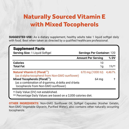 Naturalis Sunflower Vitamin E 670mg (1000 IU) with Mixed Tocopherols | Essential Skin Vitamin & Immune Support | Non-GM, Soya & Gluten-free | 120 Softgels
