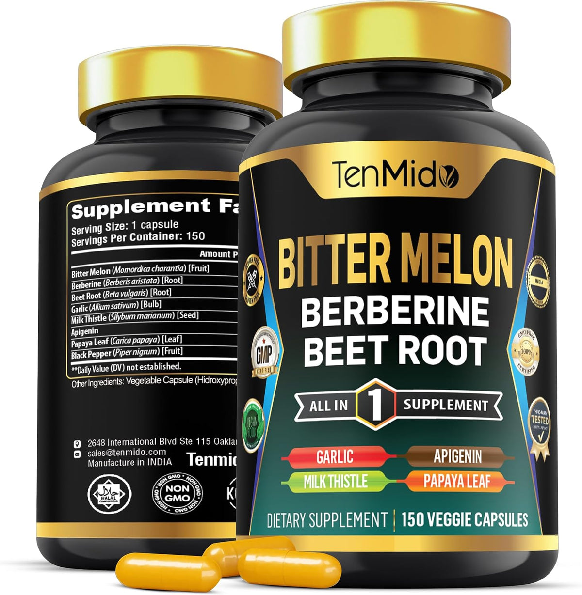 Tenmido Bitter Melon Capsules - 8in1 Formula with Berberine, Beet Root, Garlic, Milk Thistle, Apigenin, Papaya Leaf & Black Pepper (150 Vegan Capsules) - görsel 1