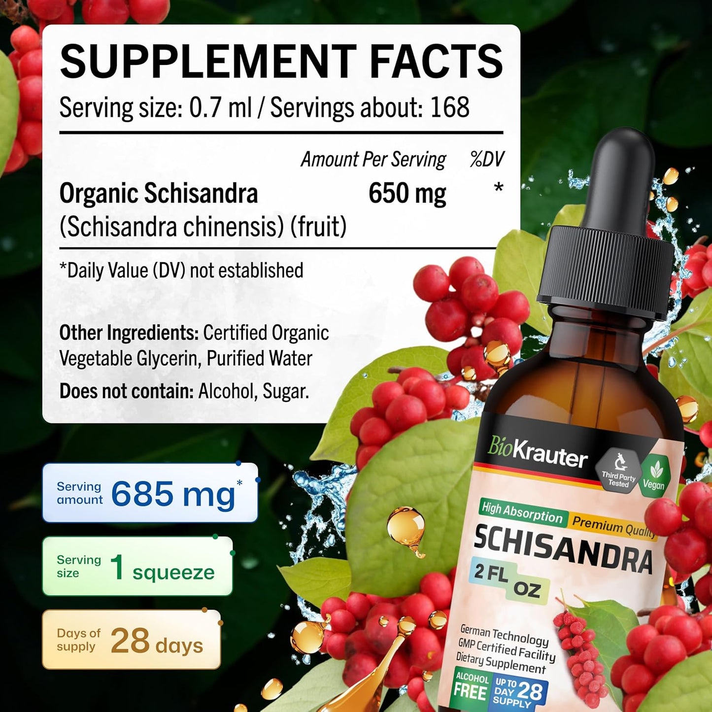 BIO KRAUTER® Schisandra for Calm & Relaxation - Pure Vegan Mood Support Supplement - Liquid Schisandra Berry 59 ml - Natural Calm Drops 650 mg per Serving, 28-Day Supply, Alcohol & Sugar Free - görsel 4