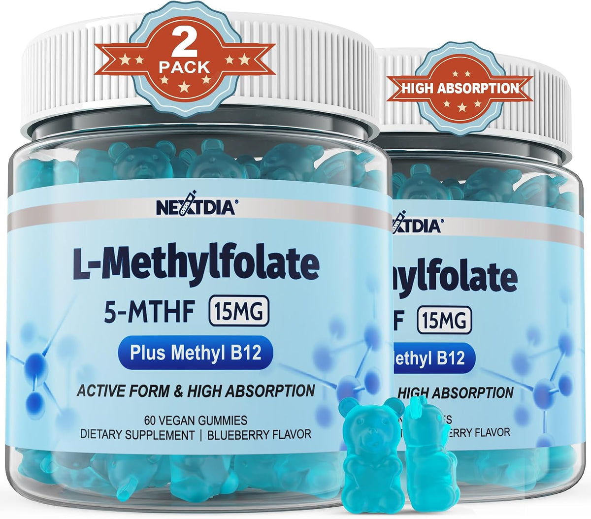 L-MethylFolate 15mg & Methyl B12 Gummies - Methylated B1, B2, B6 Multivitamins - Active 5-MTHF - Supports MTHFR & Homocysteine Levels - Vegan, 120 Count - görsel 1