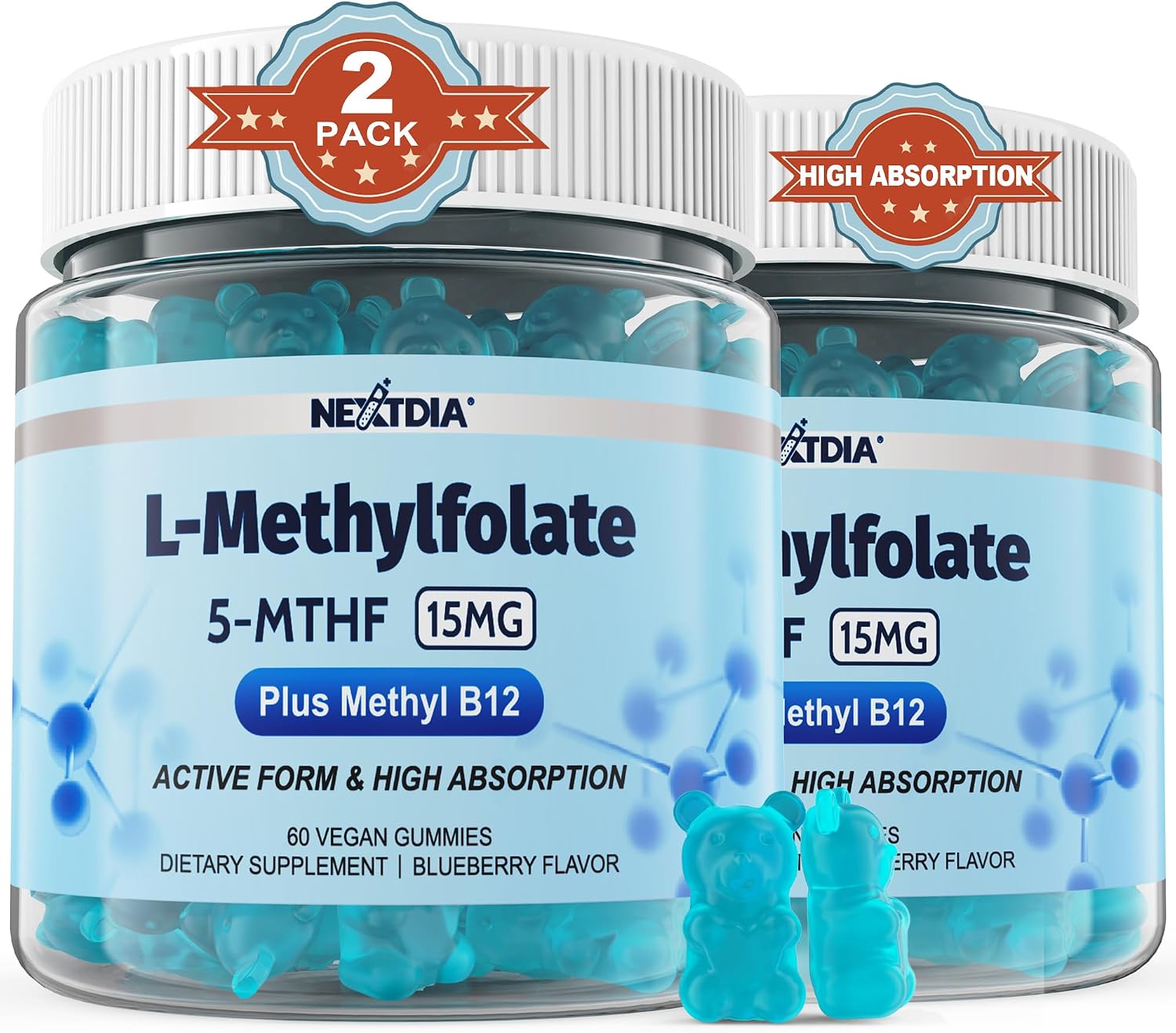 L-MethylFolate 15mg & Methyl B12 Gummies - Methylated B1, B2, B6 Multivitamins - Active 5-MTHF - Supports MTHFR & Homocysteine Levels - Vegan, 120 Count - görsel 1