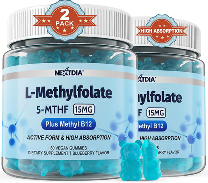 L-MethylFolate 15mg & Methyl B12 Gummies - Methylated B1, B2, B6 Multivitamins - Active 5-MTHF - Supports MTHFR & Homocysteine Levels - Vegan, 120 Count