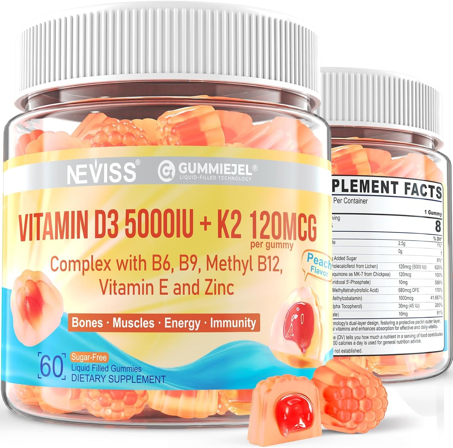 NEVISS Vitamin D3 5000IU + K2 (MK-7) 120mcg Gummies – Sugar Free, with Methylated B12, B9, B6, Vitamin E, Zinc & MCT Oil – Contributes to Bone & Immune Health, 1 Pack - görsel 1