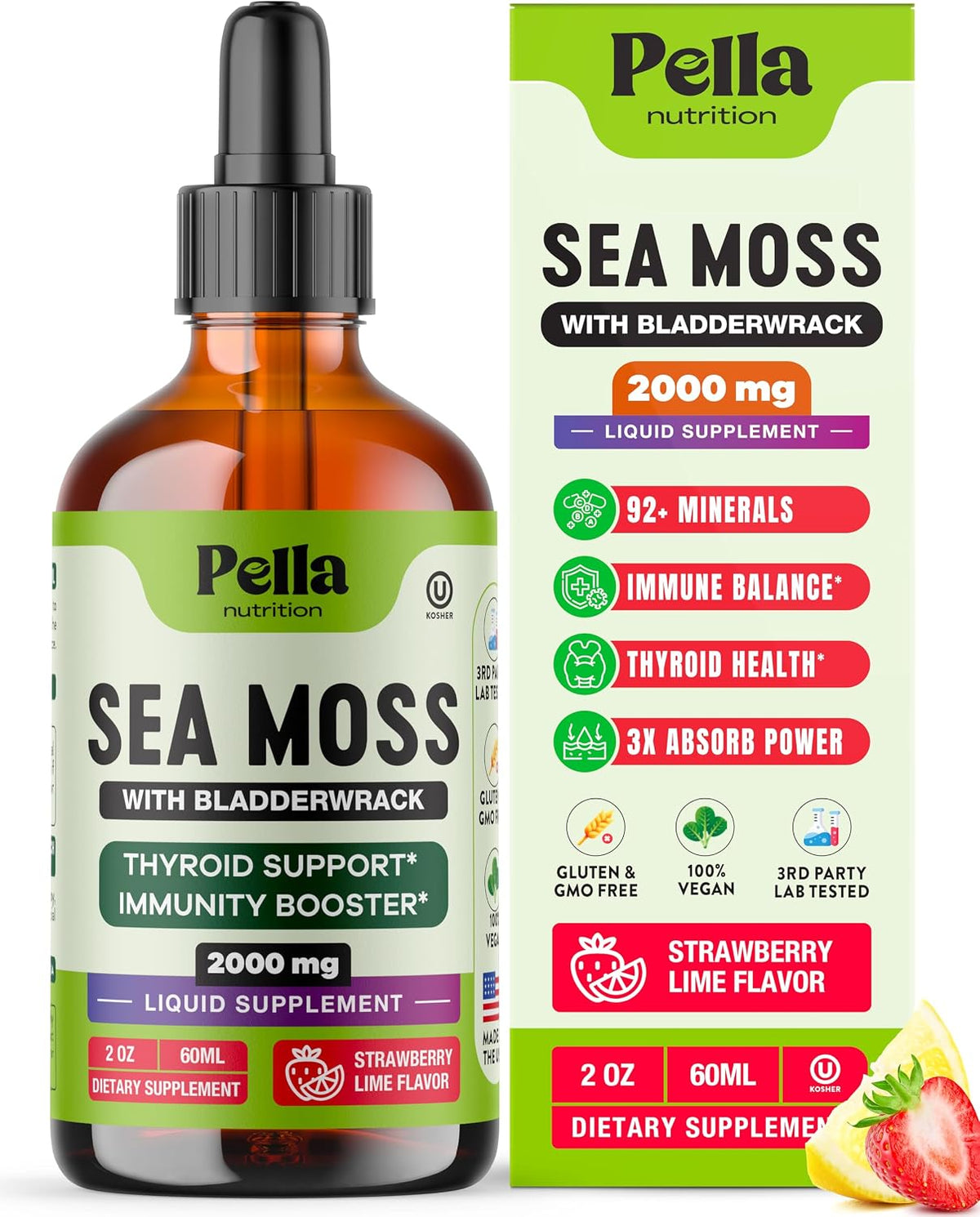 Pella Nutrition Sea Moss Drops with Bladderwrack – Liquid Supplement for Immune & Digestive Support (Strawberry Lime, 60ml) - görsel 1