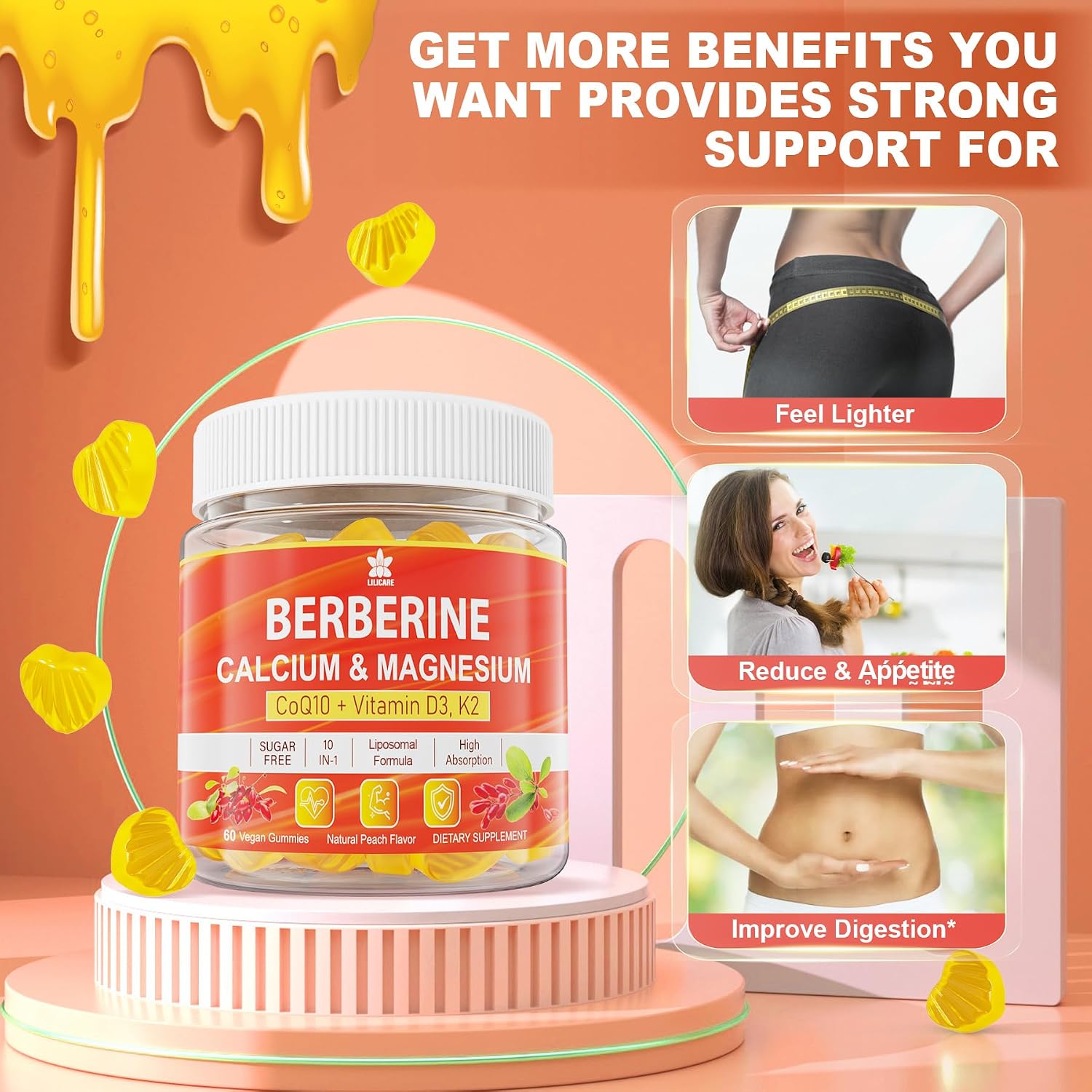 LILICARE Berberine Gummies Sugar Free, Extra Absorption with Liposomal Berberine & Berberine HCI, Calcium, Magnesium, AMPK Activator, Vegan, Pack of 1 - görsel 5