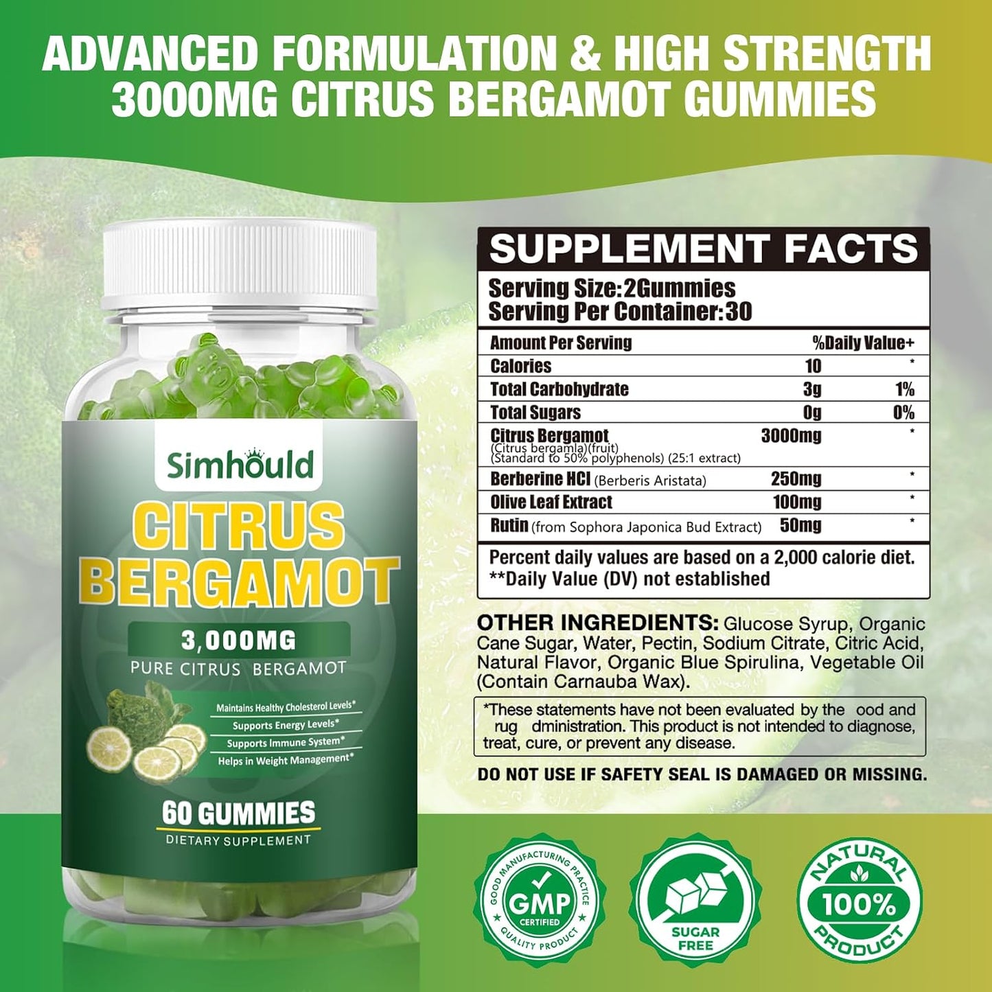 Citrus Bergamot Gummies 3000mg – Heart & Immune Support Supplement, Vegan, Lime Flavour (60 Counts) - görsel 2