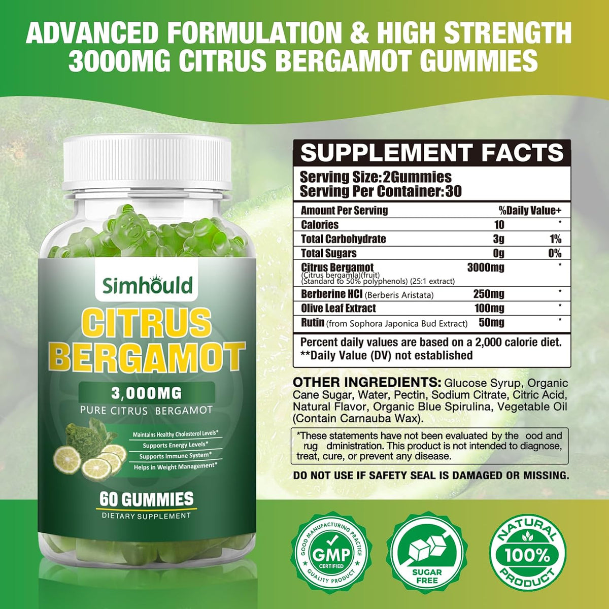 Citrus Bergamot Gummies 3000mg – Heart & Immune Support Supplement, Vegan, Lime Flavour (60 Counts) - görsel 2