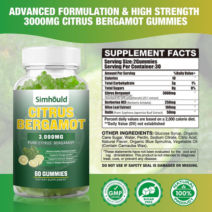 Citrus Bergamot Gummies 3000mg – Heart & Immune Support Supplement, Vegan, Lime Flavour (60 Counts)