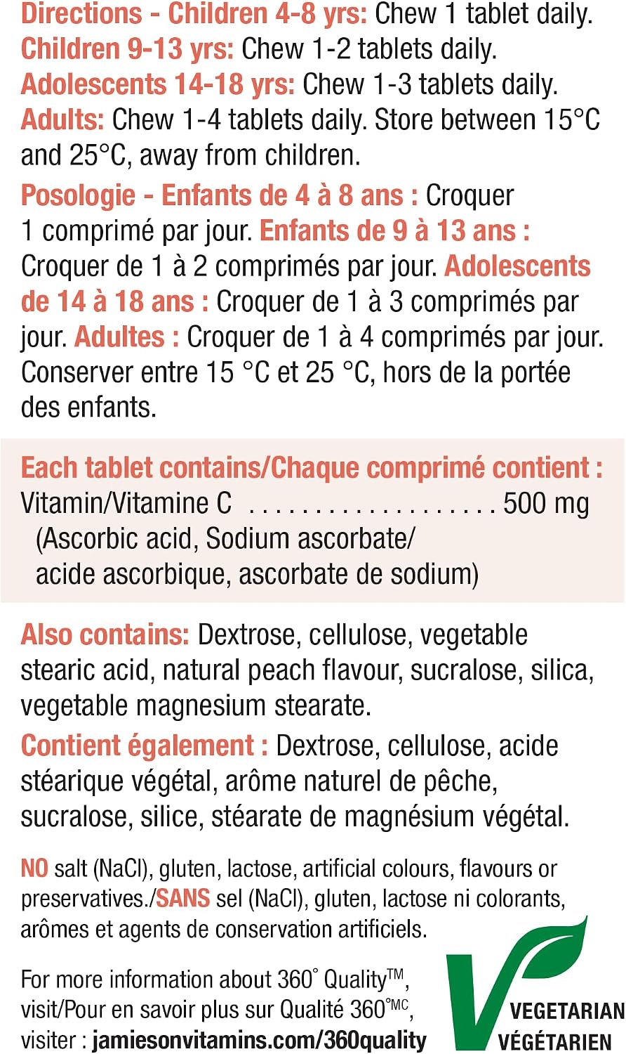 Jamieson Vitamin C Chewables 500 mg - Juicy White Peach Flavour, 120 Tablets - görsel 5
