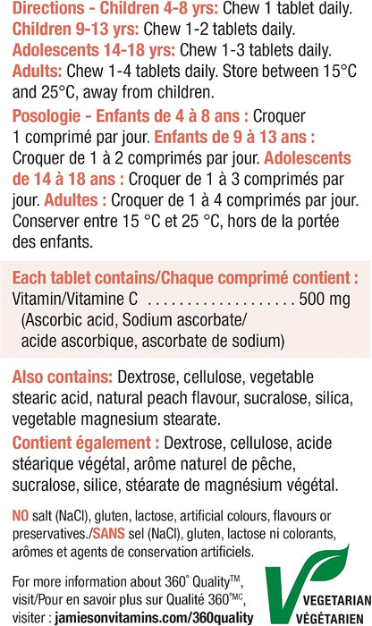 Jamieson Vitamin C Chewables 500 mg - Juicy White Peach Flavour, 120 Tablets