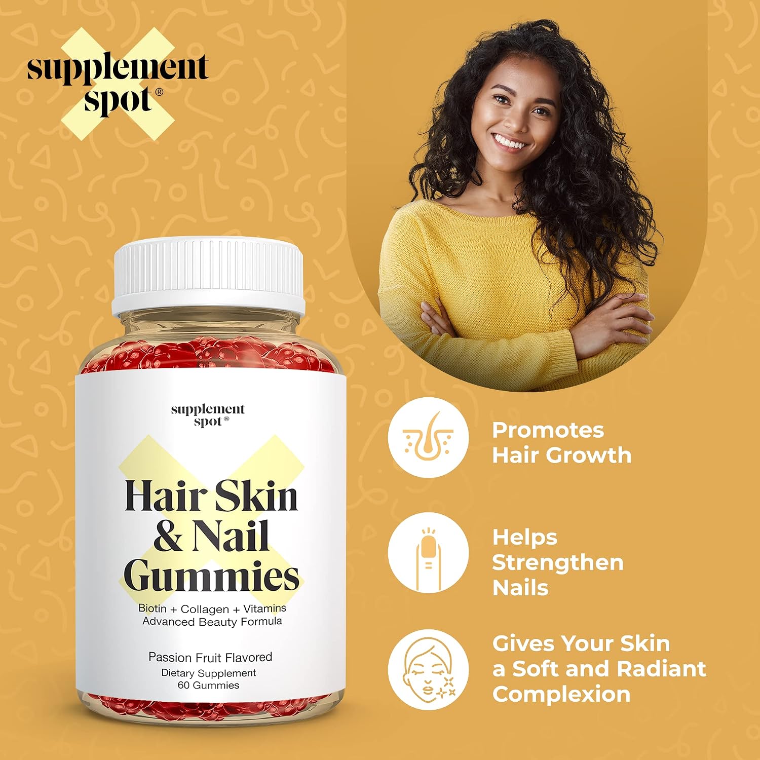 Supplement Spot Hair Skin and Nails Vitamins - 6000 mcg Biotin Gummies with Collagen, Passion Fruit Flavour (60 Gummies) - görsel 2