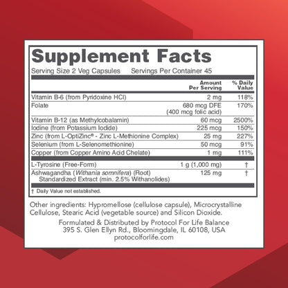 PROTOCOL FOR LIFE BALANCE Ortho Thyroid - Contributes to Normal Thyroid Function - with Ashwagandha, Zinc & Selenium - Non-GMO & Kosher - 90 Vegan Capsules