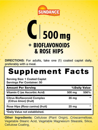 Sundance Vitamin C 500mg with Bioflavonoids and Rose Hips | Vegetarian, Non-GMO & Gluten-Free Supplement