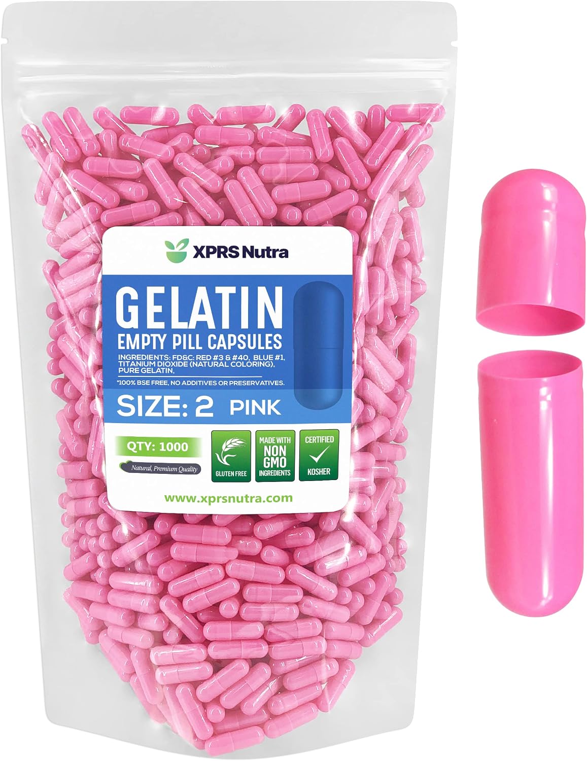 XPRS Nutra Size 2 Empty Gelatine Capsules - 1000 Count - DIY Capsule Filling - Pink - görsel 1