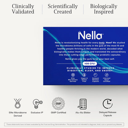 Nella Gut Health Supplements for Women & Men – Probiotic for Digestive Health, Energy & Recovery, 30 Capsules
