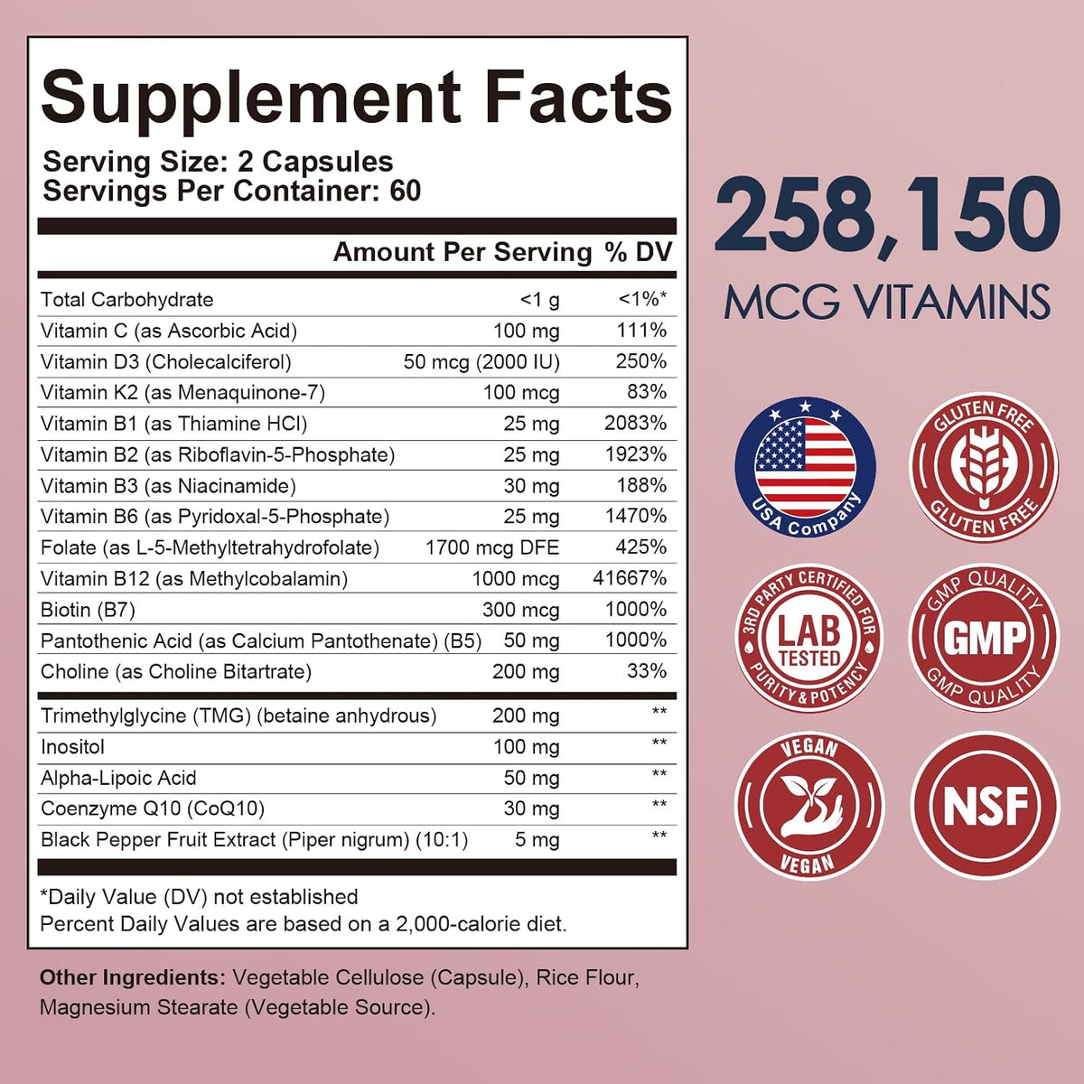 Migcopat 17-in-1 Methylated B Complex, 258,150 mcg Multivitamins, B12 Methylcobalamin, Methylfolate, Vitamin C, Vitamin D3 K2, CoQ10, Biotin, TMG, Methylated Multivitamin for Energy, Brain - 120 Capsules - görsel 8