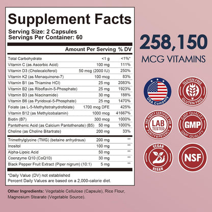 Migcopat 17-in-1 Methylated B Complex, 258,150 mcg Multivitamins, B12 Methylcobalamin, Methylfolate, Vitamin C, Vitamin D3 K2, CoQ10, Biotin, TMG, Methylated Multivitamin for Energy, Brain - 120 Capsules