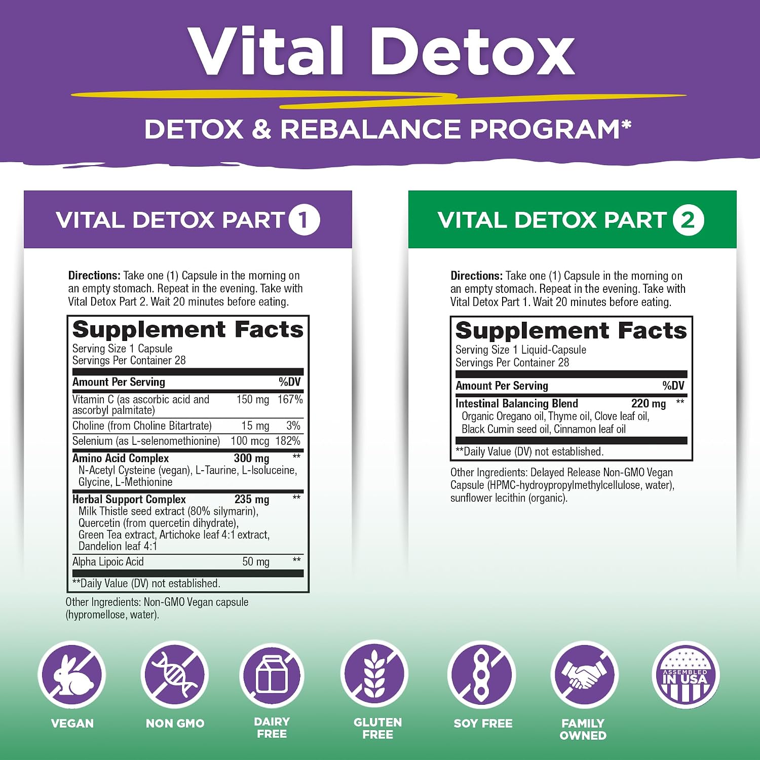 Vital Planet - Vital Detox with Milk Thistle, Quercetin, Alpha Lipoic Acid, Choline, and Herbs, for Occasional Gas and Bloating, Supports Healthy Intestinal Balance, 2-Part 14 Day Kit, 56 Capsules - görsel 2