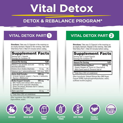 Vital Planet - Vital Detox with Milk Thistle, Quercetin, Alpha Lipoic Acid, Choline, and Herbs, for Occasional Gas and Bloating, Supports Healthy Intestinal Balance, 2-Part 14 Day Kit, 56 Capsules