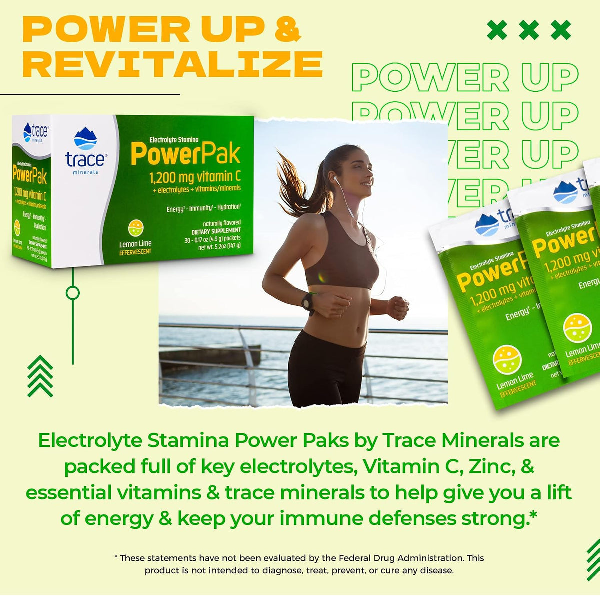 Trace Minerals Power Pak Electrolyte Powder Packets - 1200 mg Vitamin C, Zinc, Magnesium - Lemon & Lime - 60 Packets - görsel 3