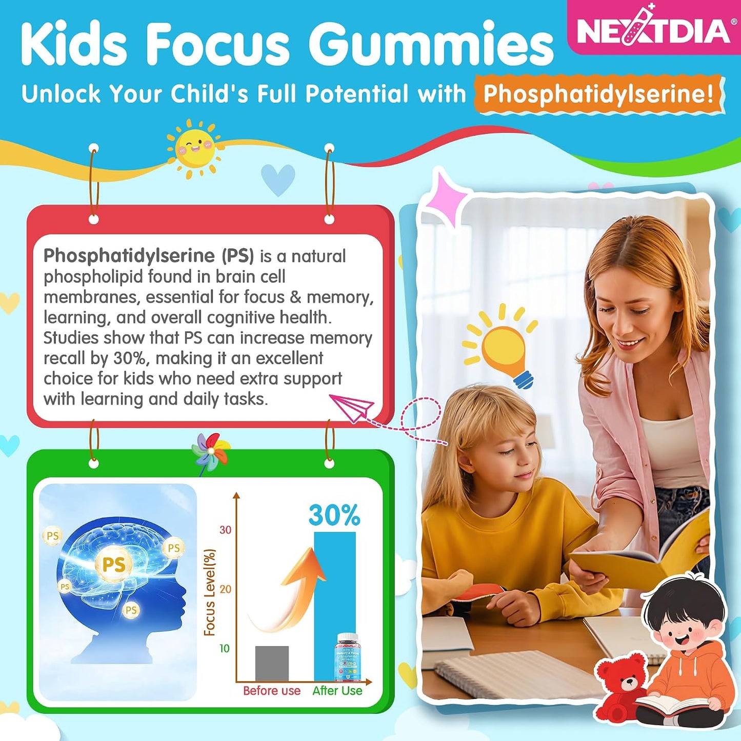 Phosphatidylserine 100mg Focus Gummies for Kids & Teens – Sugar Free, Vegan, with Vitamin C & D3 400IU – 2 Pack - görsel 3