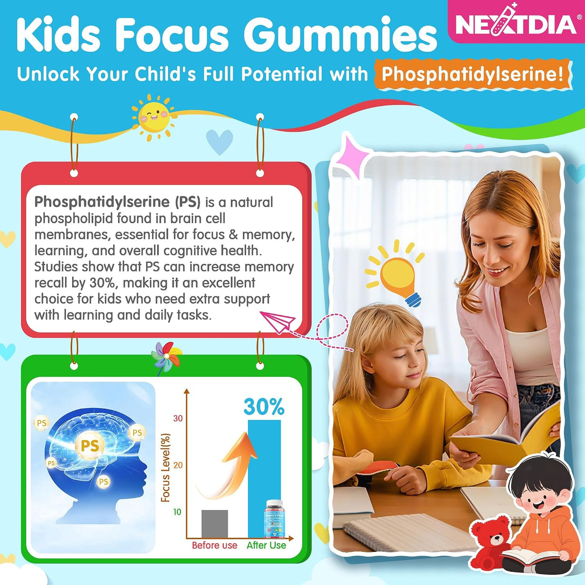 Phosphatidylserine 100mg Focus Gummies for Kids & Teens – Sugar Free, Vegan, with Vitamin C & D3 400IU – 2 Pack - görsel 3