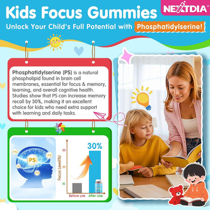 Phosphatidylserine 100mg Focus Gummies for Kids & Teens – Sugar Free, Vegan, with Vitamin C & D3 400IU – 2 Pack