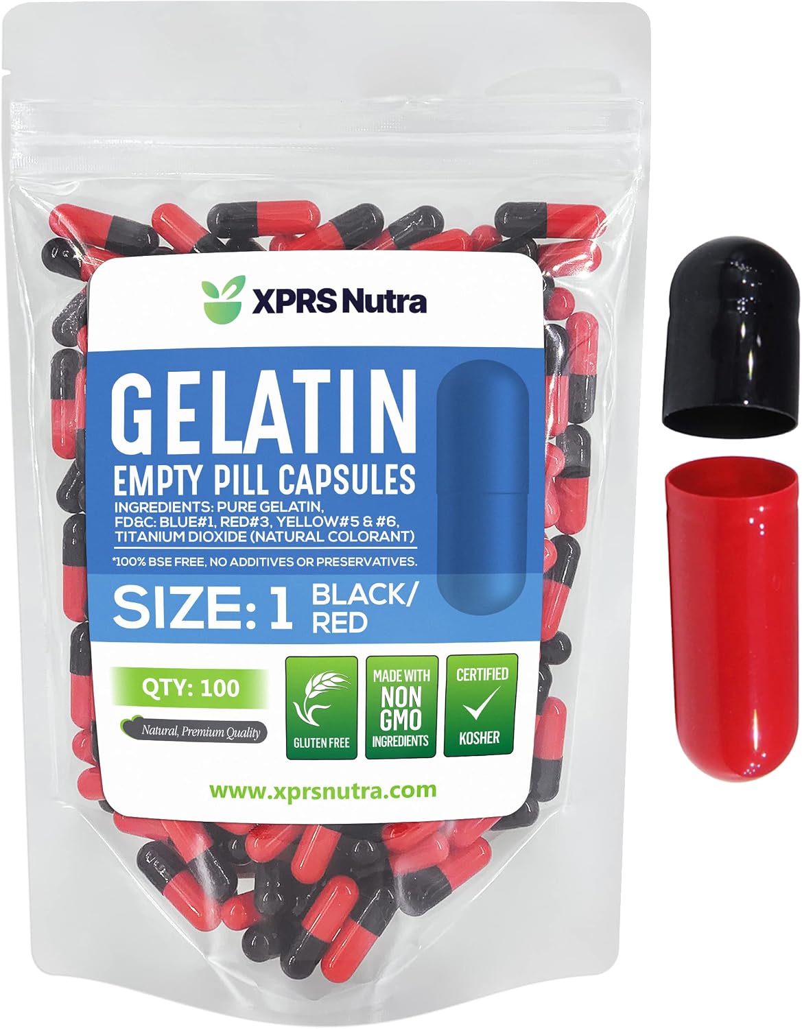 XPRS Nutra Size 1 Empty Capsules - 100 Count Coloured Empty Gelatine Capsules - Pill DIY Supplement Capsule Filling - Fillable Colour Gel Caps Pills for Do It Yourself Supplements (Black/Red) - görsel 1