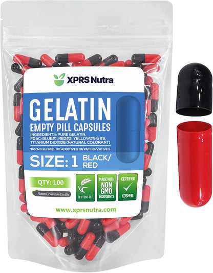 XPRS Nutra Size 1 Empty Capsules - 100 Count Coloured Empty Gelatine Capsules - Pill DIY Supplement Capsule Filling - Fillable Colour Gel Caps Pills for Do It Yourself Supplements (Black/Red)