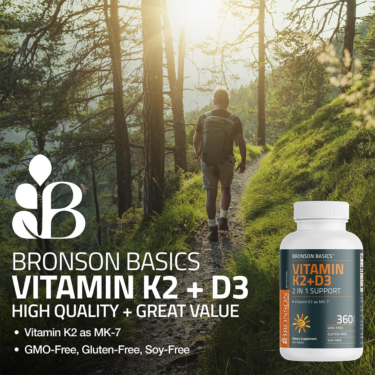 Bronson Vitamin K2 D3 (MK-7) Supplement - 5000 IU D3 & 90 mcg K2 - 360 Tablets - görsel 3
