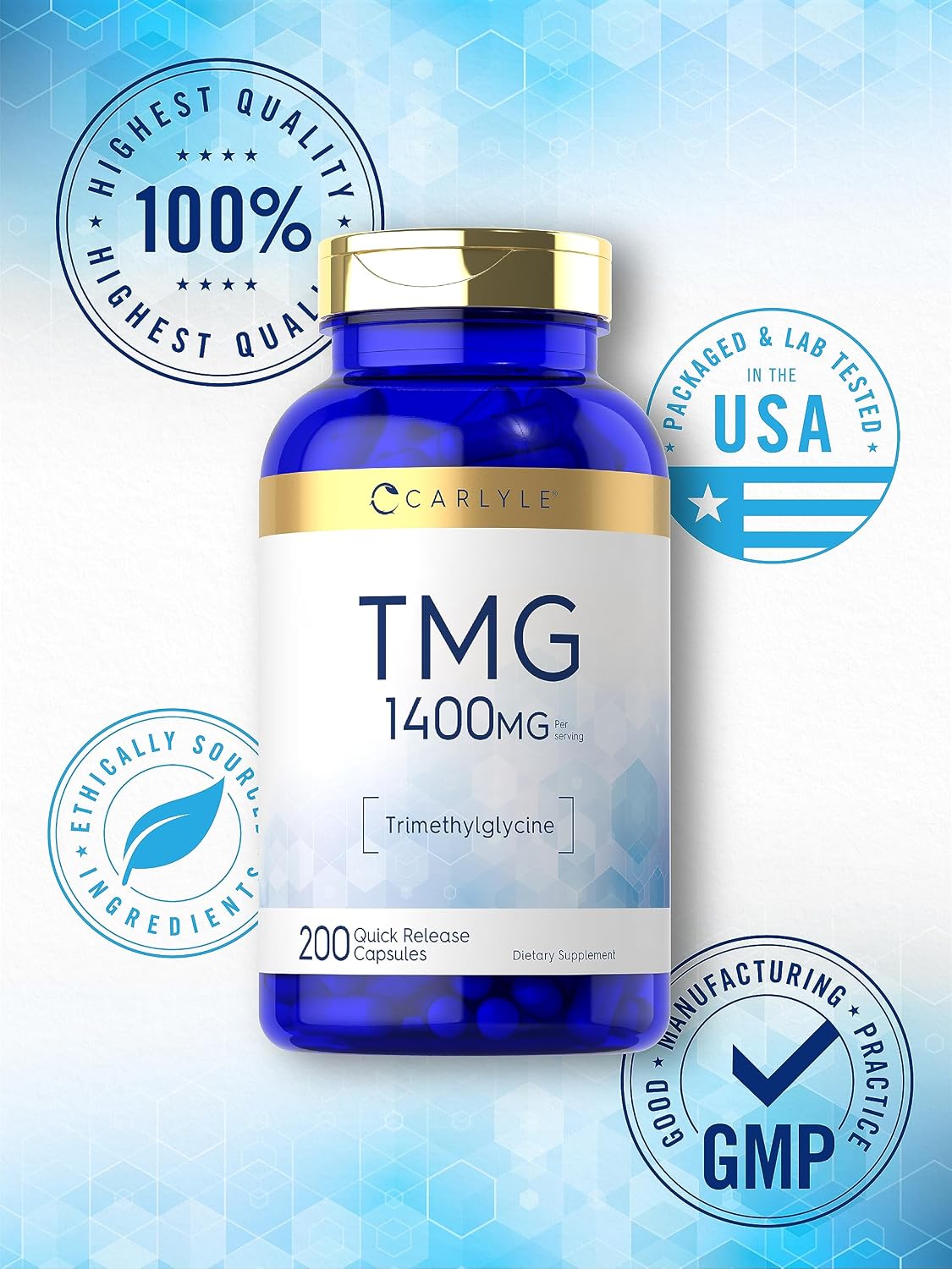 Carlyle TMG Supplement | 1400mg | 200 Trimethylglycine Quick Release Capsules | Non-GM & Gluten-free - görsel 5