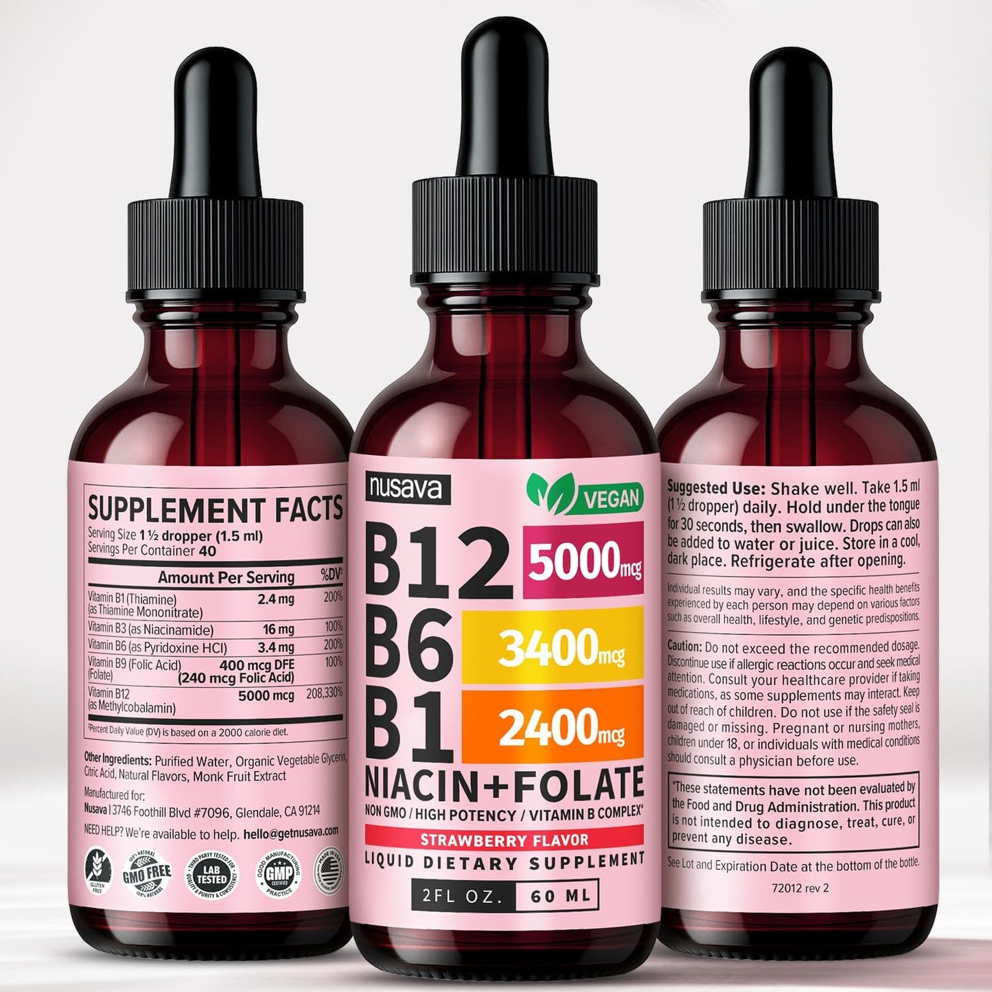 NUSAVA Vitamin B12 Liquid Drops 5000mcg - B-Complex with B6 and B1 - Sublingual Methylcobalamin, Vegan, Non-GM, Strawberry Flavour (2 Pack) - görsel 9