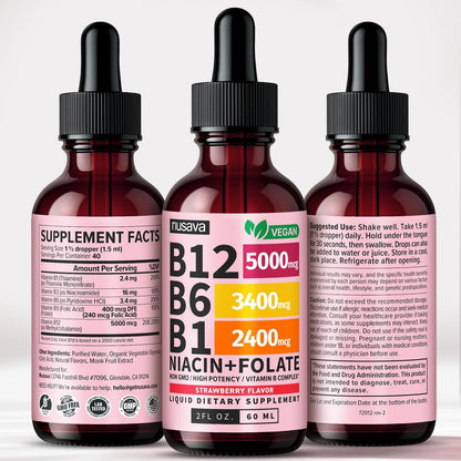 NUSAVA Vitamin B12 Liquid Drops 5000mcg - B-Complex with B6 and B1 - Sublingual Methylcobalamin, Vegan, Non-GM, Strawberry Flavour (2 Pack)