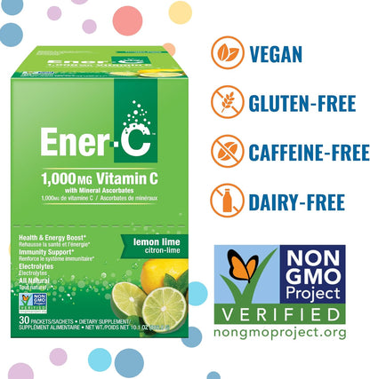 Ener-C Multivitamin Drink Mix, Electrolytes Powder – Lemon Lime, 30 Sachets