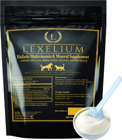 Holistic Multivitamin Supplement for Dogs and Cats – Complete 12-in-1 Plant-Based Vitamins and Minerals with Omega-3 Fish Oil – 200g Powder