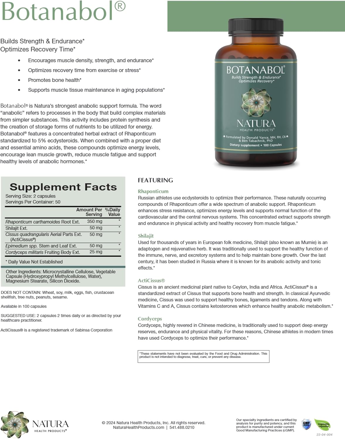 Natura Health Products Botanabol – Strength and Endurance Food Supplement with Rhaponticum, Shilajit, Cordyceps, Cissus Quadrangularis (100 Capsules) - görsel 2
