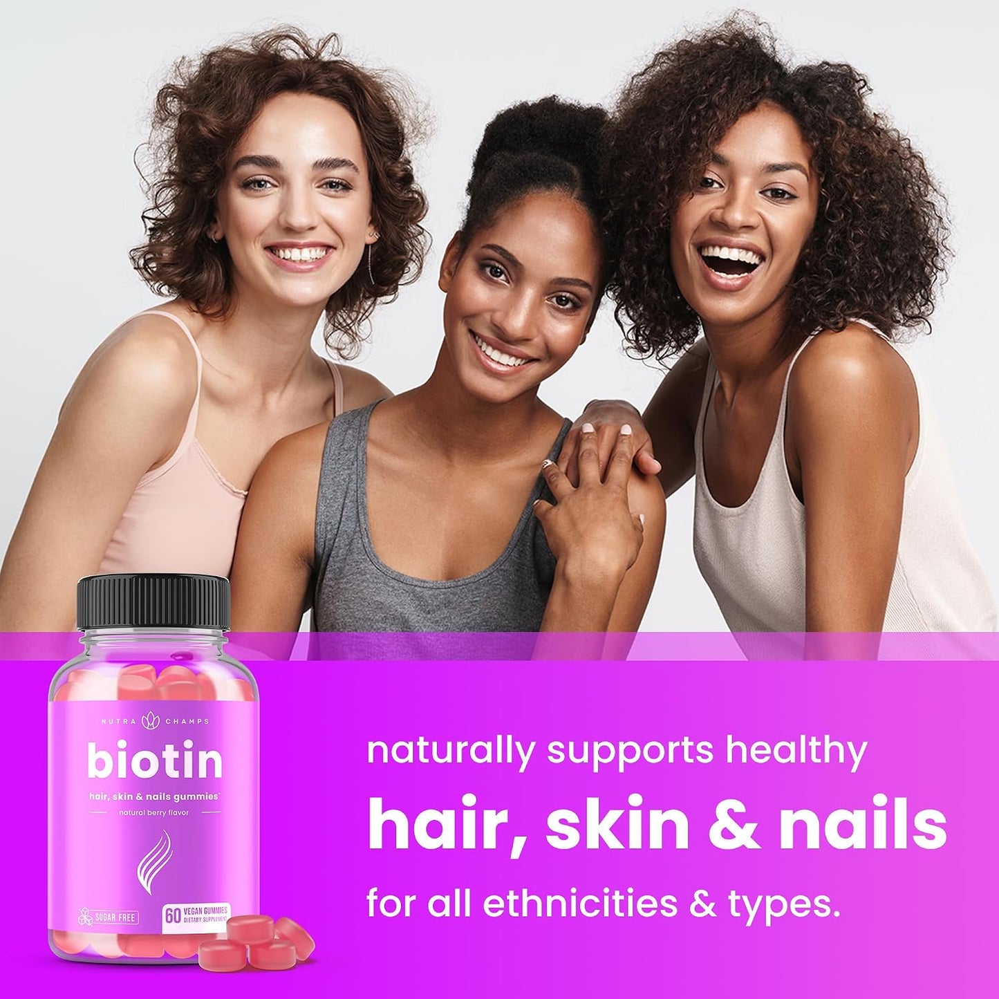 NutraChamps Sugar Free Biotin Gummies 10000mcg – High Potency for Hair, Skin & Nails, Vegan, Non-GM, Raspberry Flavour - görsel 3