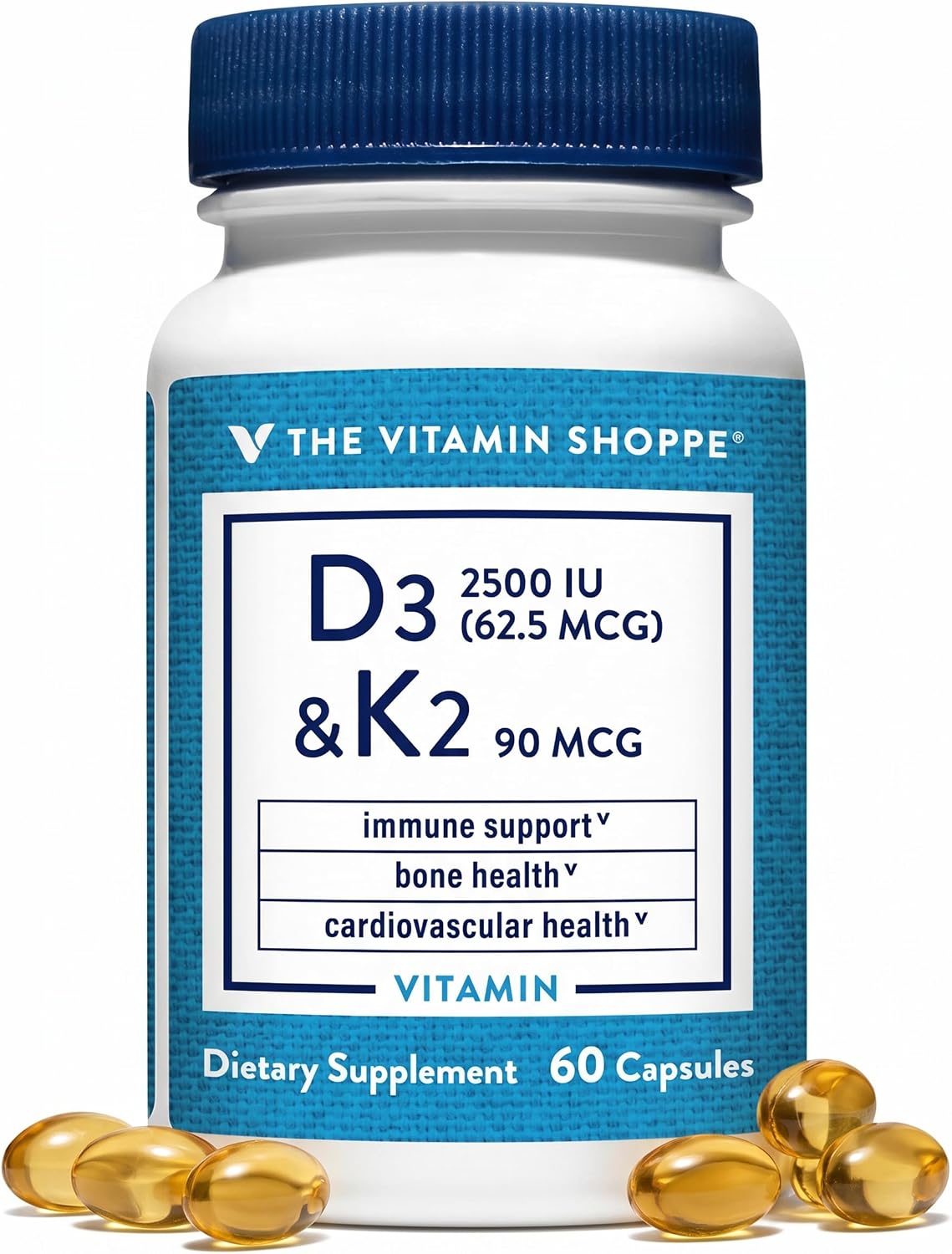 The Vitamin Shoppe Vitamin D3 2500 IU & K2 90 mcg with Calcium, D3 K2 MK7 Capsules for Bone Health, Immune Support & Cardiovascular Health, 60 Capsules - görsel 1