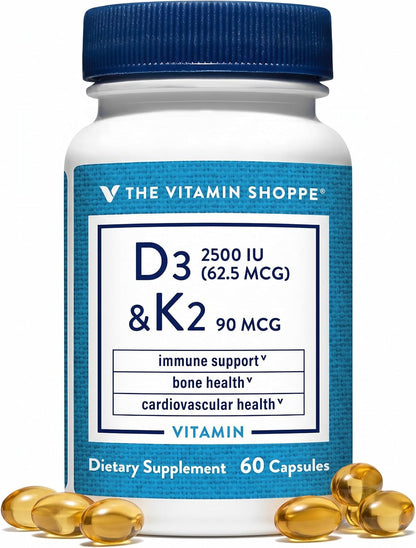 The Vitamin Shoppe Vitamin D3 2500 IU & K2 90 mcg with Calcium, D3 K2 MK7 Capsules for Bone Health, Immune Support & Cardiovascular Health, 60 Capsules