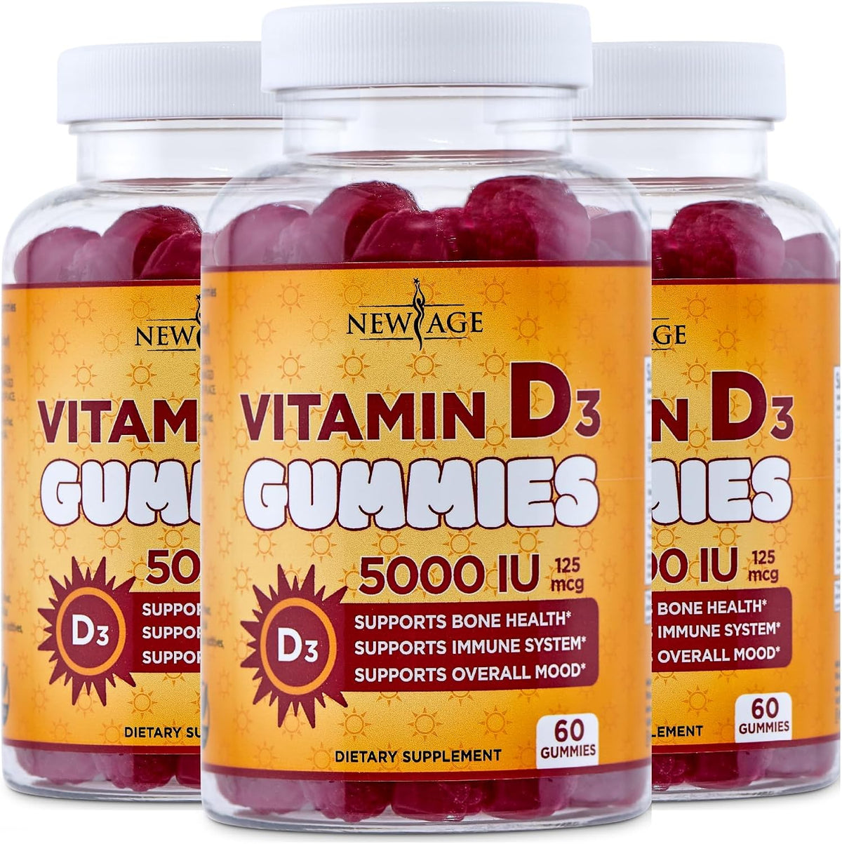 NEW AGE Vitamin D3 5000 IU (125 µg) Gummies – Immune Support, Non-GMO, Gluten-Free, Dairy-Free – 180 Count (3-Pack) - görsel 1