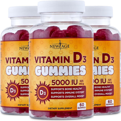 NEW AGE Vitamin D3 5000 IU (125 µg) Gummies – Immune Support, Non-GMO, Gluten-Free, Dairy-Free – 180 Count (3-Pack)