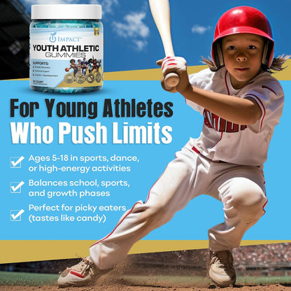 Youth Athletic Gummies – Children's Multivitamin Gummies with Essential Nutrients, Immune & Energy Support, Vegan & Gelatin-Free, Includes Vitamins A, C, B3, B12, Omega-3, Zinc – Ages 5-18