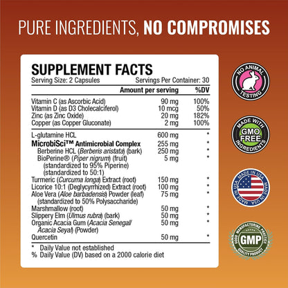 Approved Science® Gutsyl – Leaky Gut Supplement with Aloe Vera, Marshmallow Root, Liquorice, Slippery Elm, Berberine, Prebiotic & L-Glutamine – 3 Month Supply