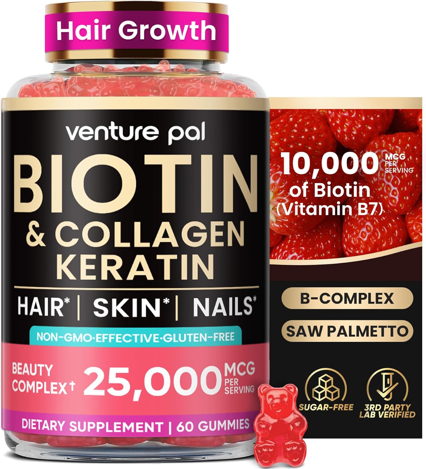Venture Pal Biotin Gummies with Collagen and Keratin – Hair, Skin and Nail Support – 10,000mcg – 60 Gummies - görsel 1