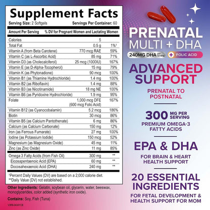 Prenatal Vitamins for Women with Folic Acid + Omega-3 DHA - 120 Soft gel capsule Capsules