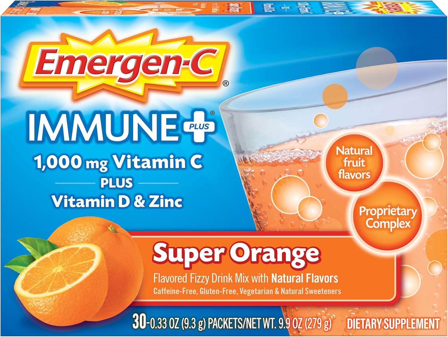 Emergen-C Immune+ 1000mg Vitamin C Powder, Super Orange - 30 Sachets - görsel 1